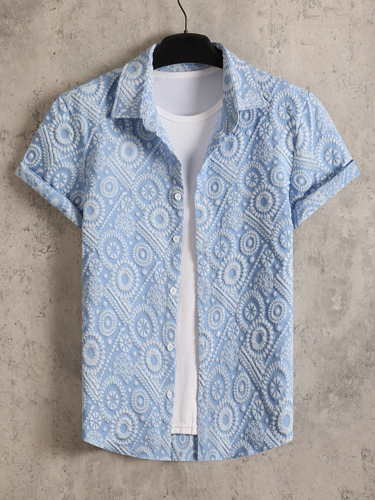 Men's short-sleeve resort-style shirt with textured medallion pattern, perfect for vacations and summer outings