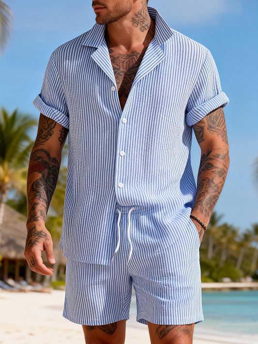 Ensemble décontracté deux pièces à rayures pour homme – Style estival et élégant pour la plage et les loisirs