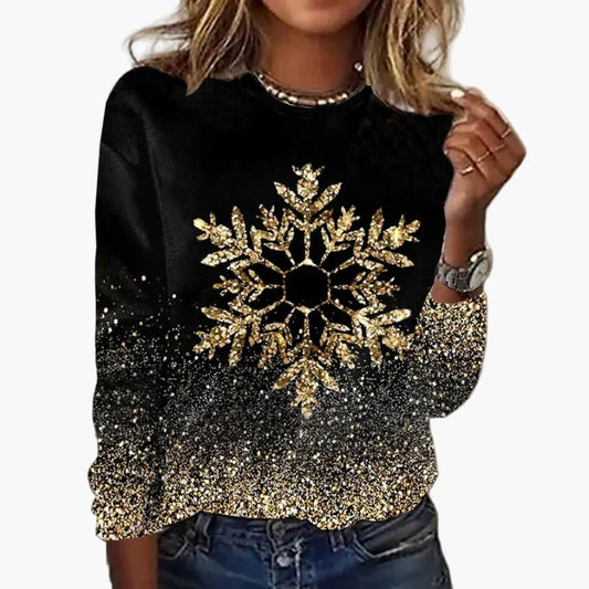 Sweat-shirt femme chic à motif flocon de neige doré, style scintillant pour occasions festives