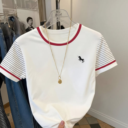 T-shirt décontracté femme motif licorne style moderne col contrasté manche rayée