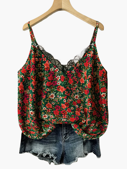 Top donna con spalline sottili, stile bohémien floreale, ideale per estate e vacanze