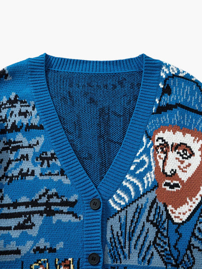 Cardigan décontracté homme style artistique avec motif portrait et paysage