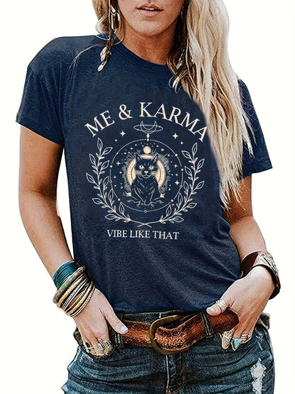 Women's vintage style T-shirt with mystical cat print "Me & Karma" – perfect for free spirits and a casual look