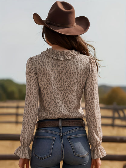 Camicia Donna Elegante con Volant Stampa Leopardo Stile Romantico per Uscite e Serate
