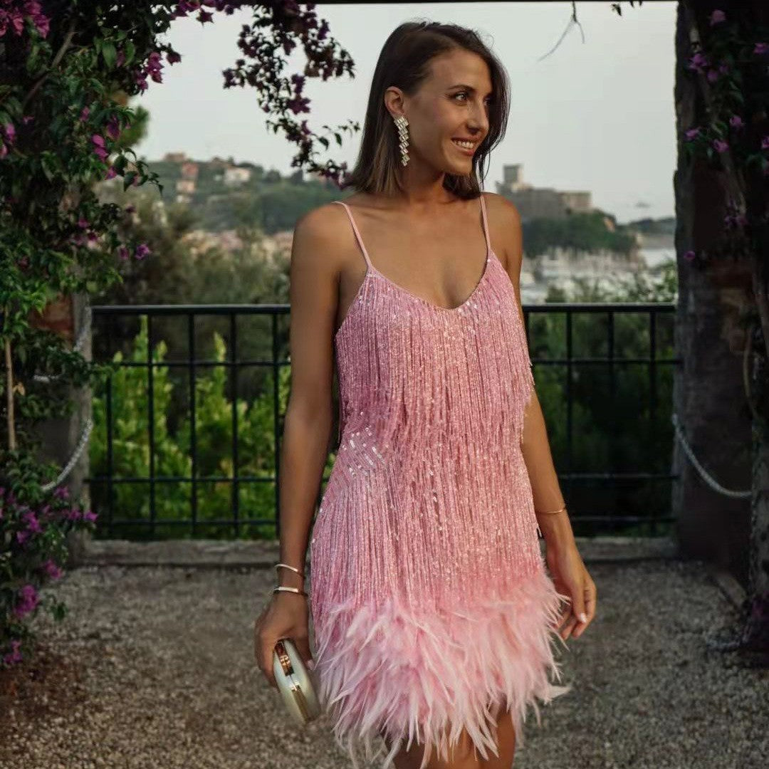 Robe Femme Style Charleston Années 20 à Franges et Plumes pour Soirée et Cocktail