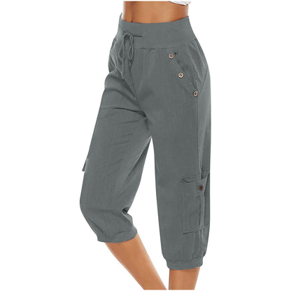 Katie – Pantalon Raccourci en Lin Coton avec Poches Cargo