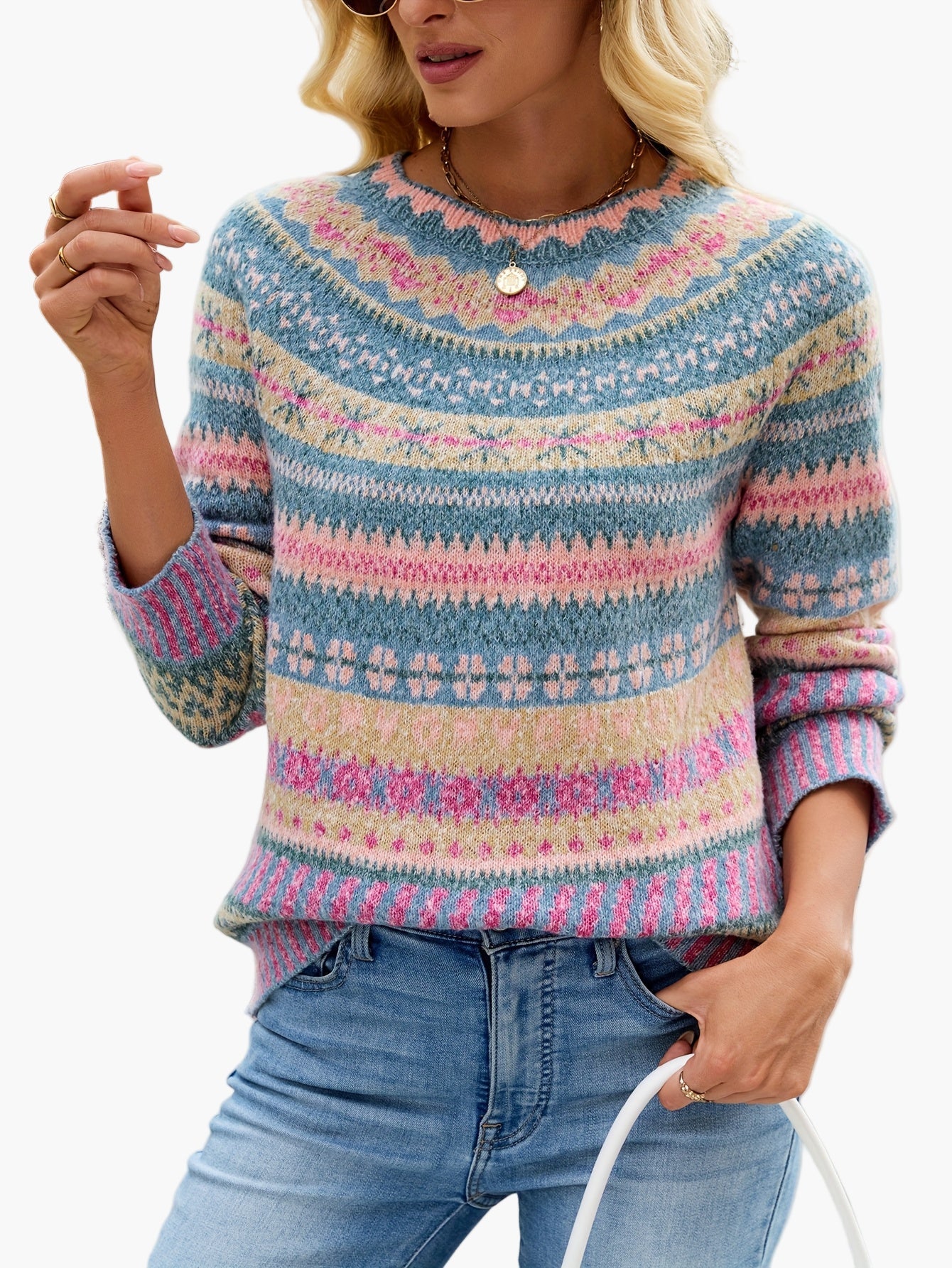 Pull d'hiver femme à motifs géométriques style nordique élégant