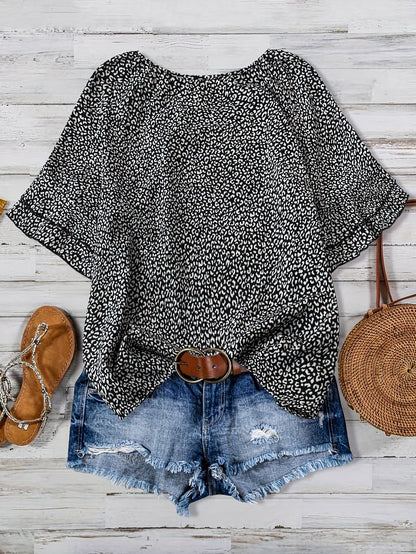 Blouse décontractée à imprimé léopard pour femme, style vacances, manches courtes avec volant