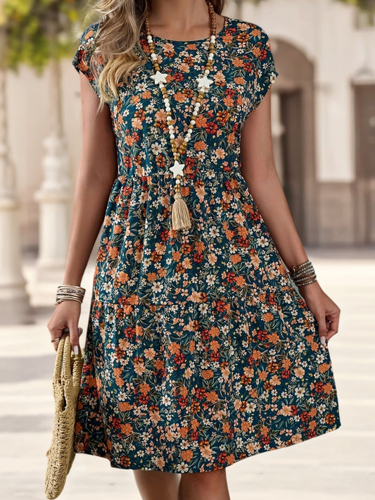 Robe fleurie décontractée pour femme style vacances à manches courtes