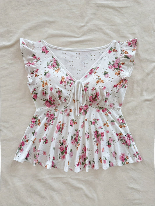 Blusa Donna Stile Cottage Peplum con Stampa Floreale e Ricamo Inglese – Romantica, Maniche a Volant, Scollo Annodato