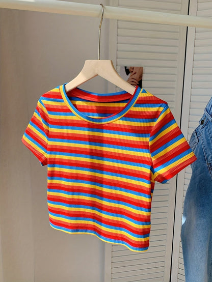 T-shirt rayé à manches courtes pour femme, style décontracté et tendance, parfait pour l'été
