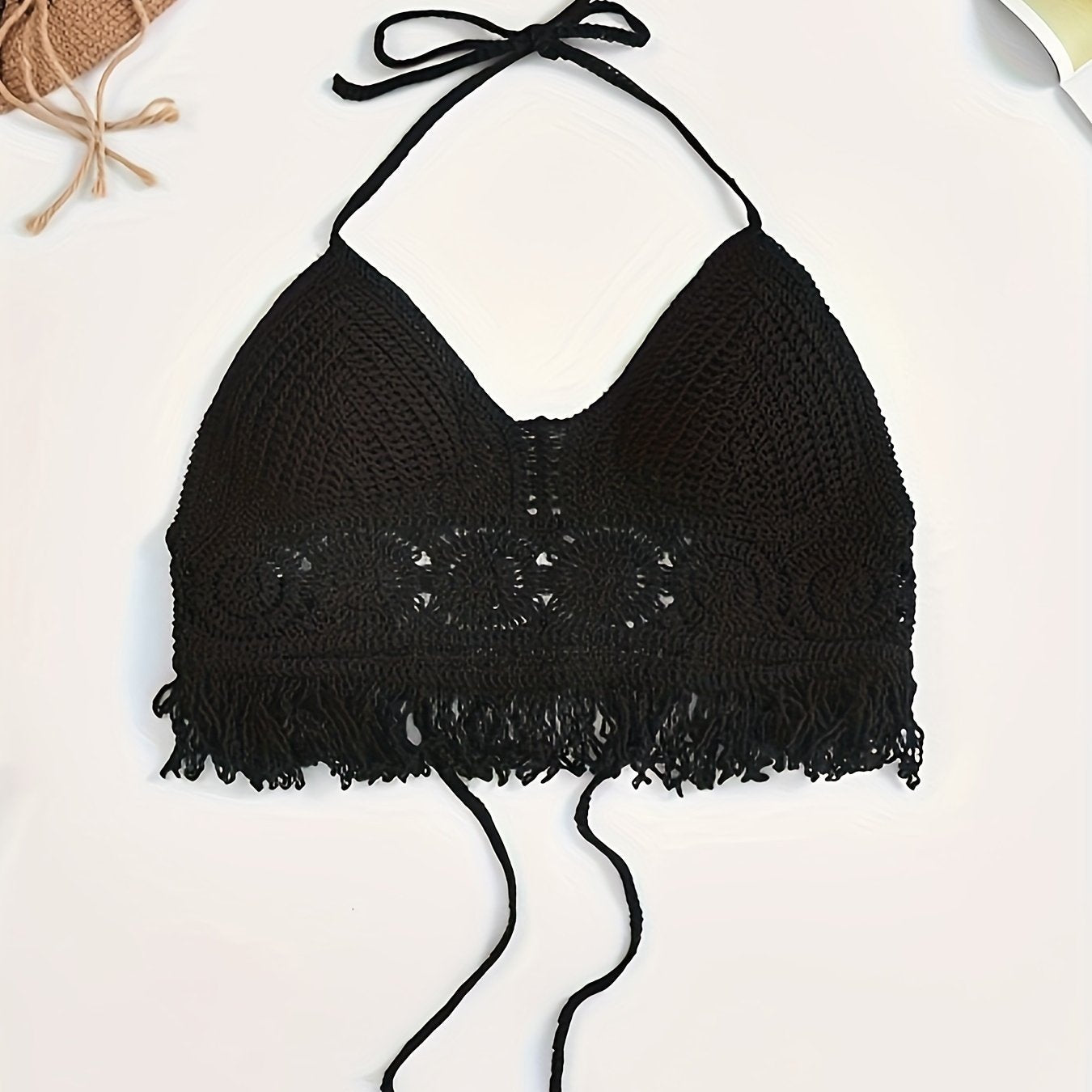 Bohemian cropped tie-front top for women, festival style with openwork details and fringes