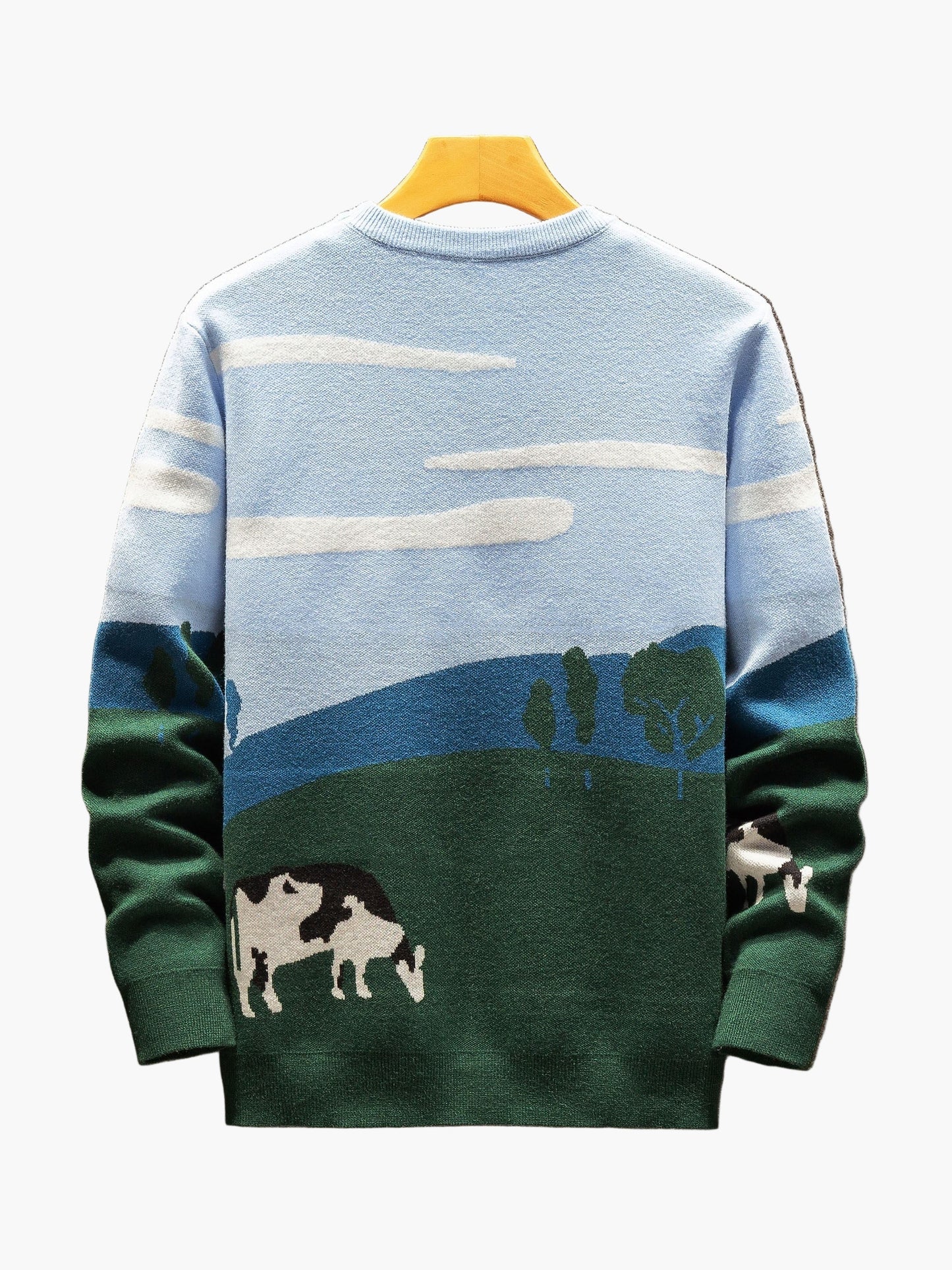 Pull-over décontracté homme motif paysage campagne et vaches pour automne/hiver