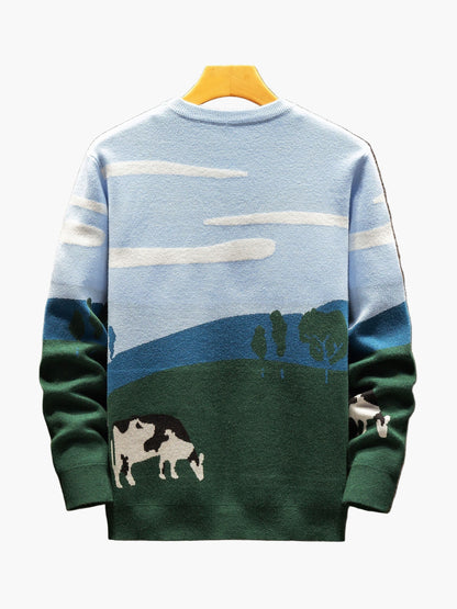 Pull-over décontracté homme motif paysage campagne et vaches pour automne/hiver