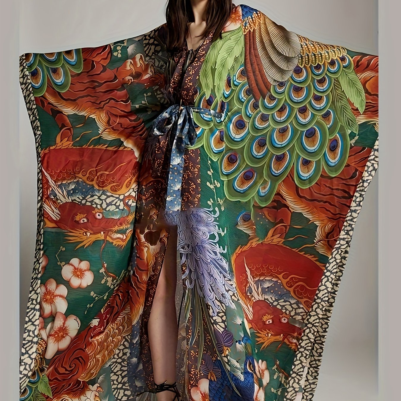 Kimono Kaftan lungo da donna stile orientale con stampa artistica per serate o vacanze
