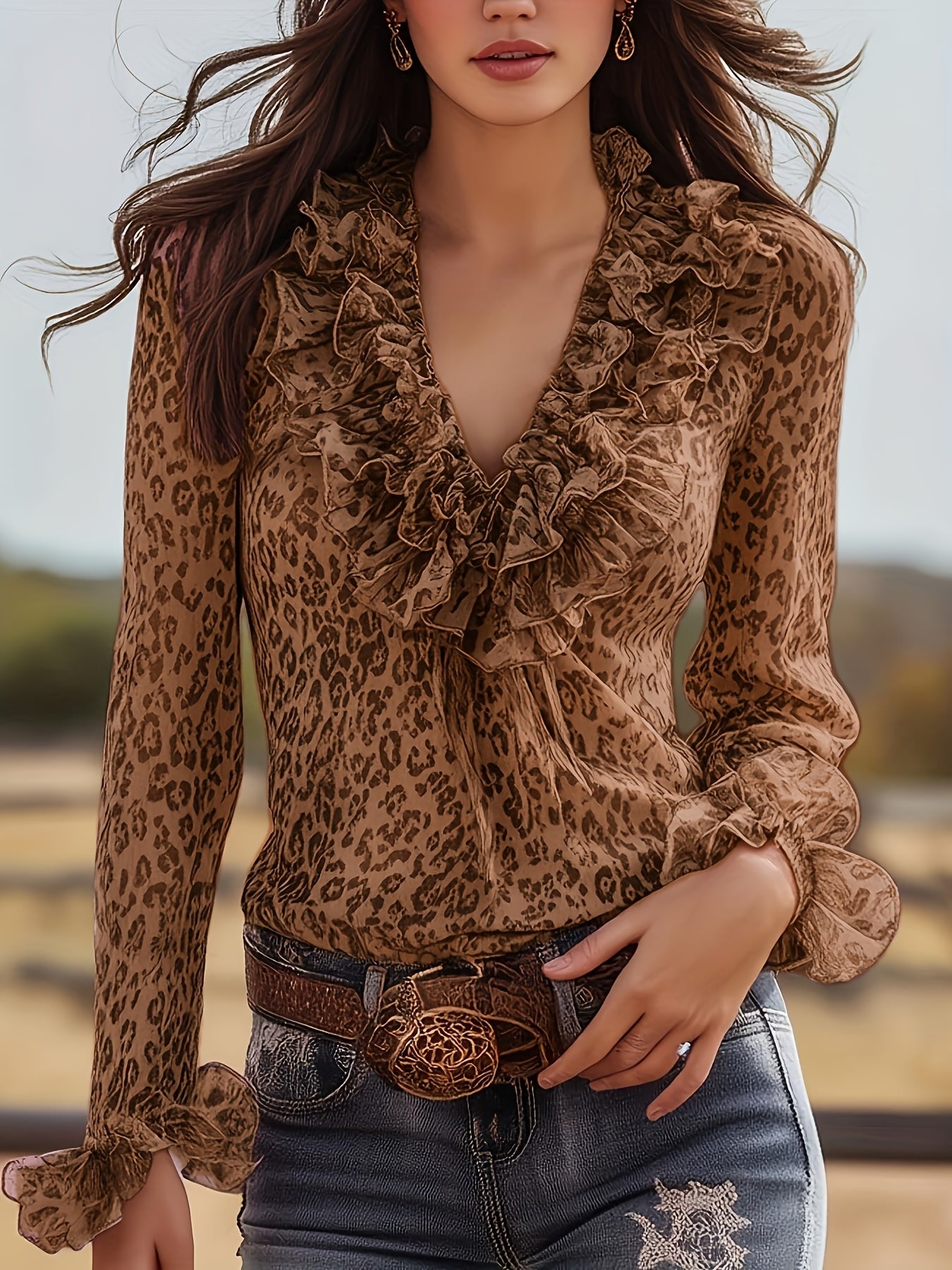 Camicia Donna Elegante con Volant Stampa Leopardo Stile Romantico per Uscite e Serate