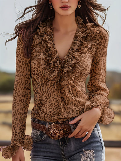 Camicia Donna Elegante con Volant Stampa Leopardo Stile Romantico per Uscite e Serate