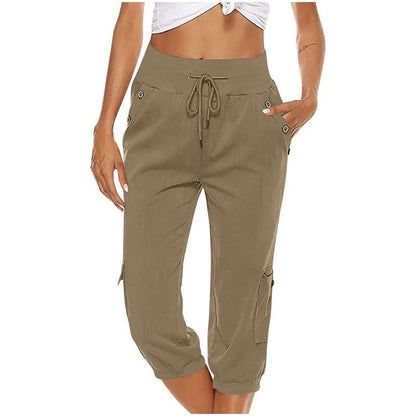 Katie – Pantalon Raccourci en Lin Coton avec Poches Cargo
