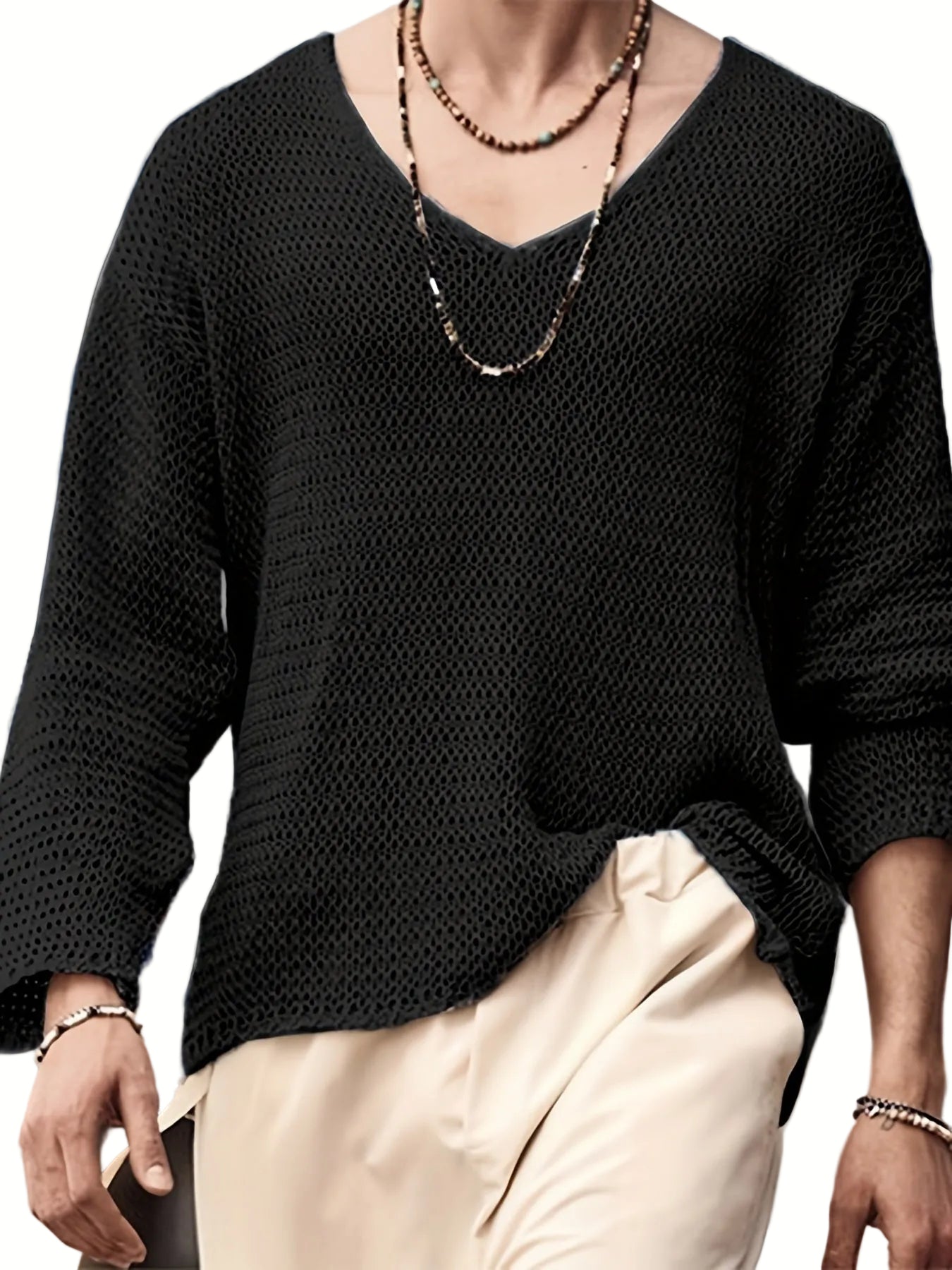 Maglione casual da uomo con scollo a V in maglia traforata, ideale per tutte le stagioni