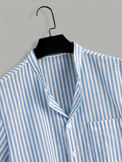 Camisa casual de manga corta para hombre, estilo veraniego a rayas, cuello alto, ideal para el verano