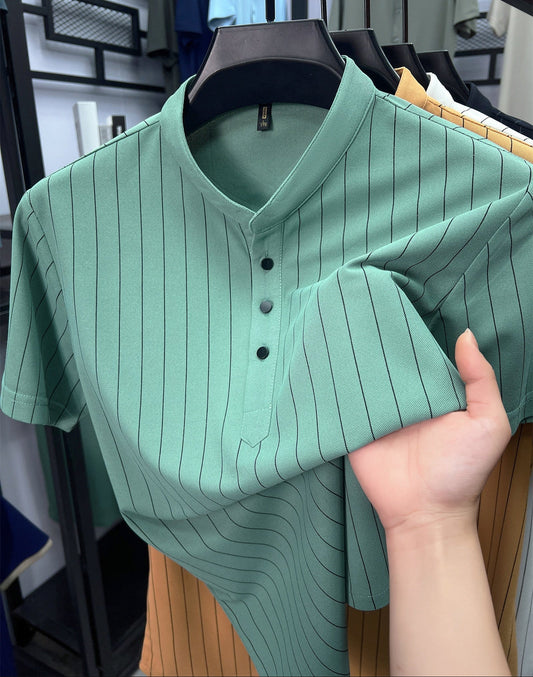 Men's short-sleeve striped Henley-style casual elegant shirt