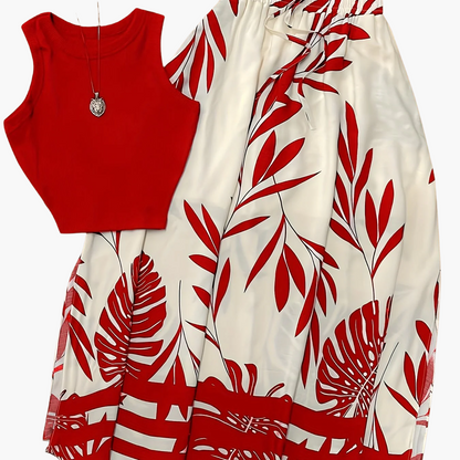 Ensemble féminin style vacances chic à motifs tropicaux - Haut sans manches et jupe longue avec taille froncée