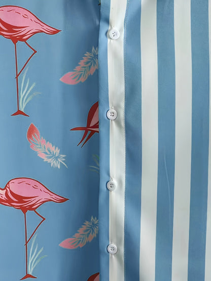 Ensemble décontracté homme style vacances, motif flamants roses et rayures, idéal été et loisirs