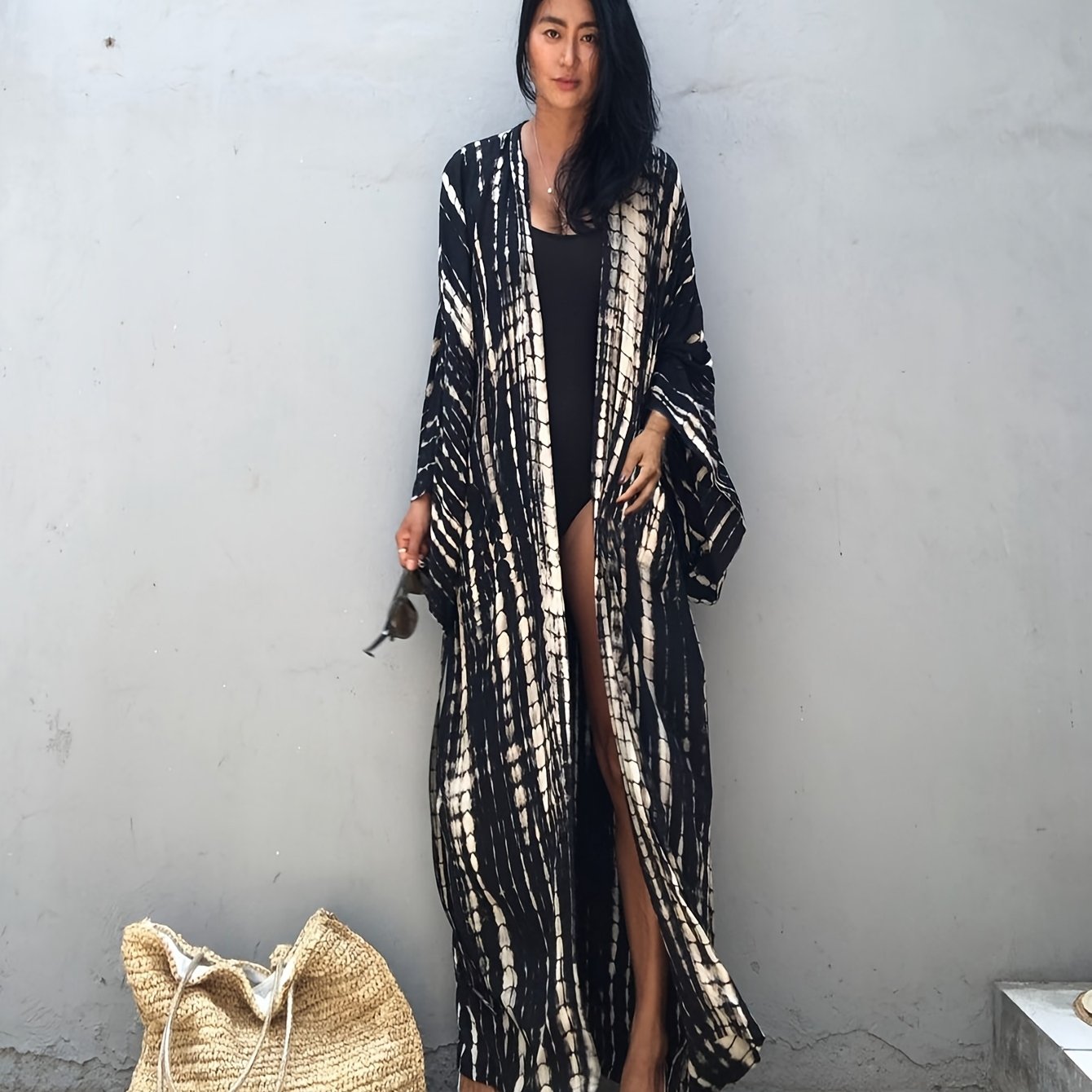 Długie kimono plażowe damskie w stylu boho chic na wakacje i basen