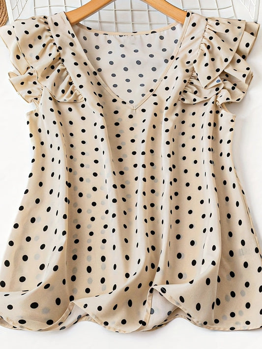Blusa donna a pois stile elegante maniche volant collo a V per ufficio e uscite