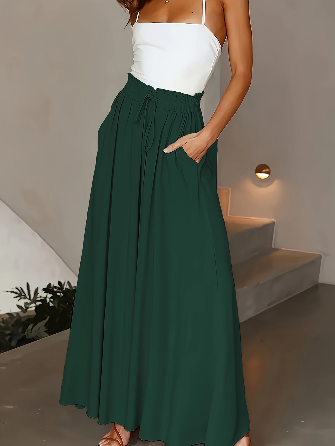 Jupe longue large taille haute avec poches pour femme – Style décontracté chic printemps/été