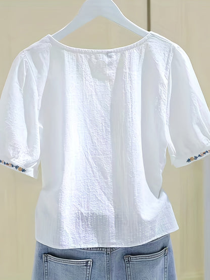 Blouse femme élégante à col carré et broderies florales, style décontracté printemps-été