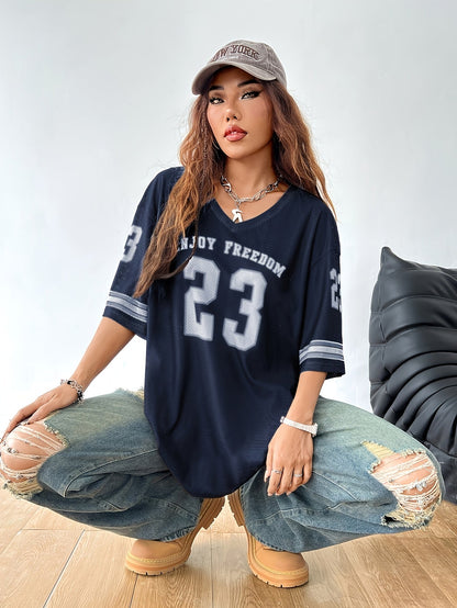 Oversized T-shirt streetwear för kvinnor, avslappnad stil, tryck med nummer 23