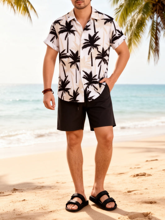 Men's Hawaiian Shirt with Palm Tree Print - Casual Summer Beach Style