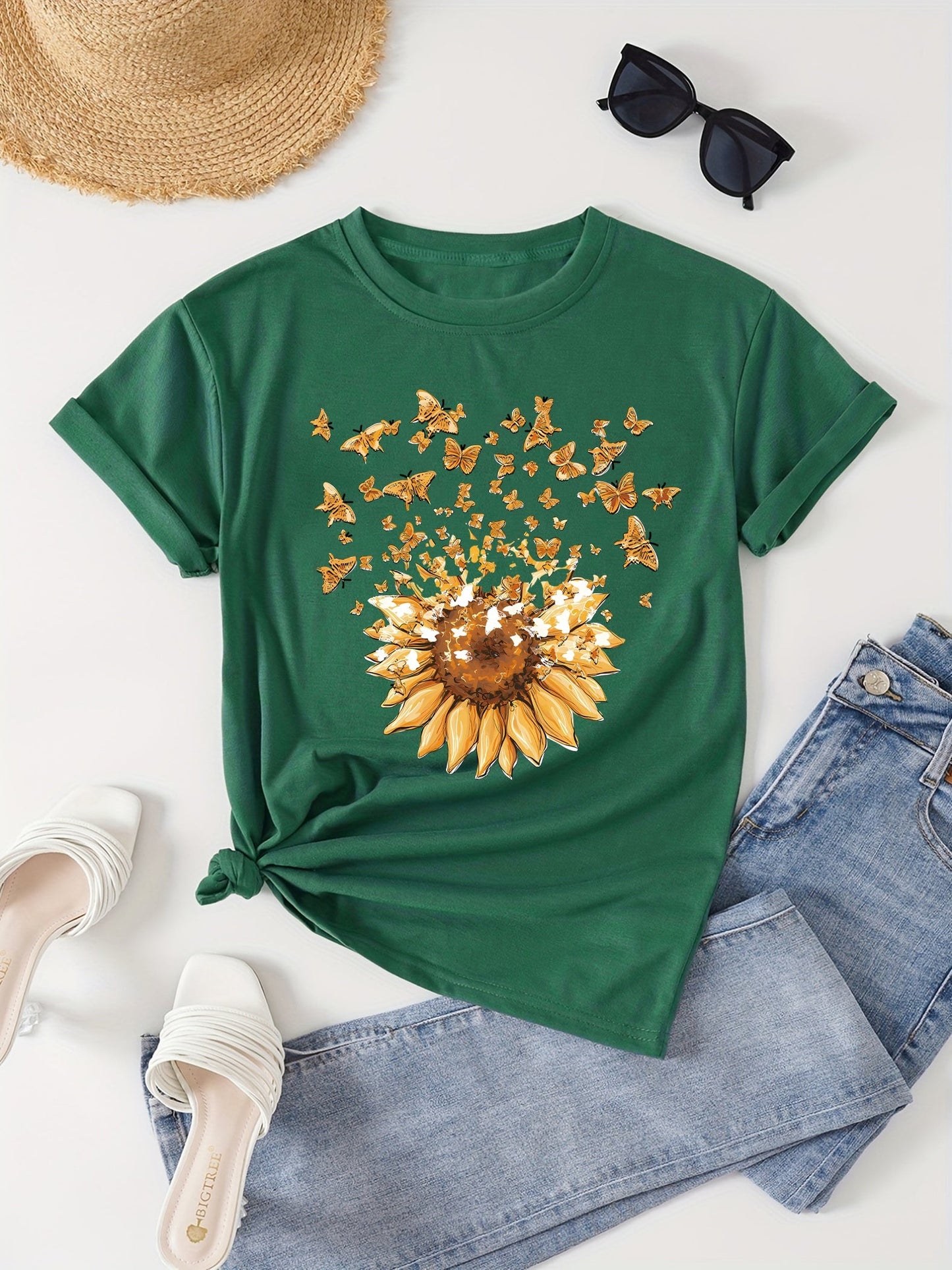 Women's casual style T-shirt with sunflower and butterfly pattern, trendy print for spring-summer