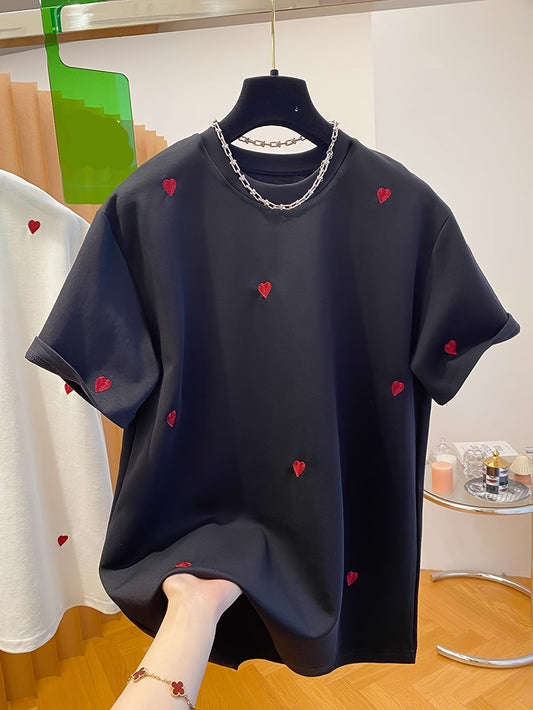 T-shirt décontracté à motif cœur brodé pour femmes, style tendance et usage quotidien