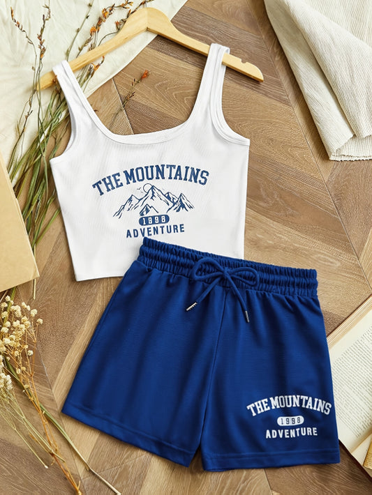 Women's Casual Adventure Mountain Style Set – Crop Top and Shorts, Sporty and Summer Look