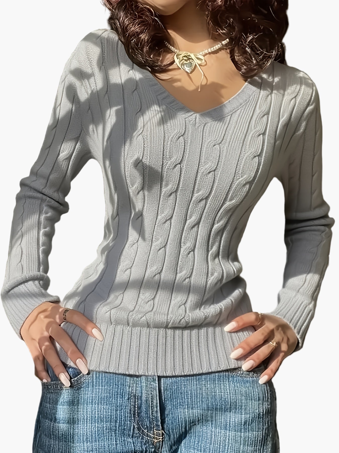 Pull Femme Style Casual à Col V et Motif Câble - Élégance Quotidienne