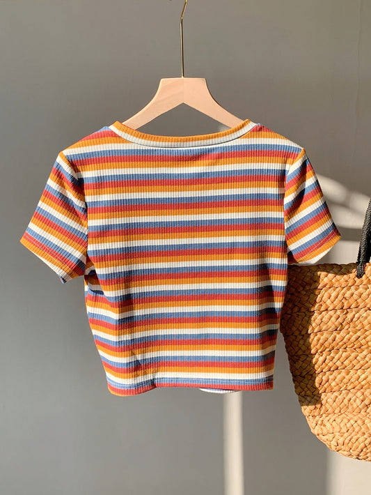 T-shirt a righe manica corta da donna, stile casual e alla moda, perfetta per l'estate