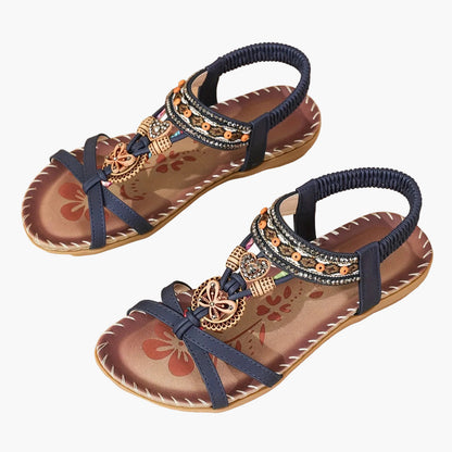 Women's Bohemian Slip-On Sandals with Ornaments and Ankle Strap - Casual Chic Style