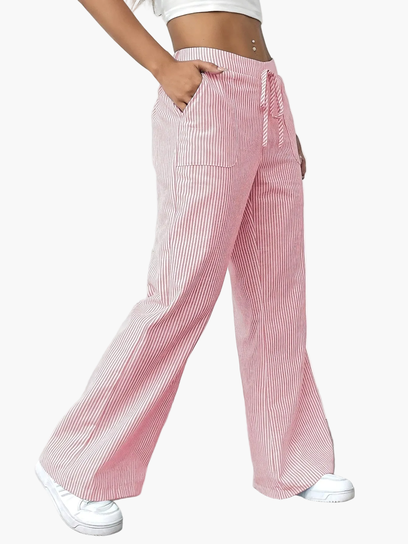 Pantaloni larghi da donna stile casual a righe per primavera ed estate