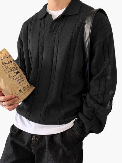 Pull polo décontracté homme style torsadé manches longues pour loisirs et sorties