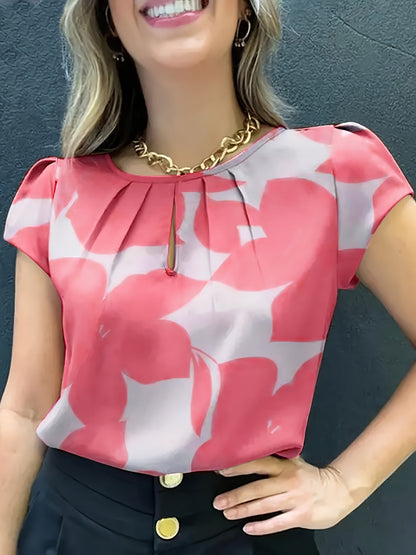 Blouse femme élégante à imprimé abstrait manches courtes style chic pour bureau et sorties