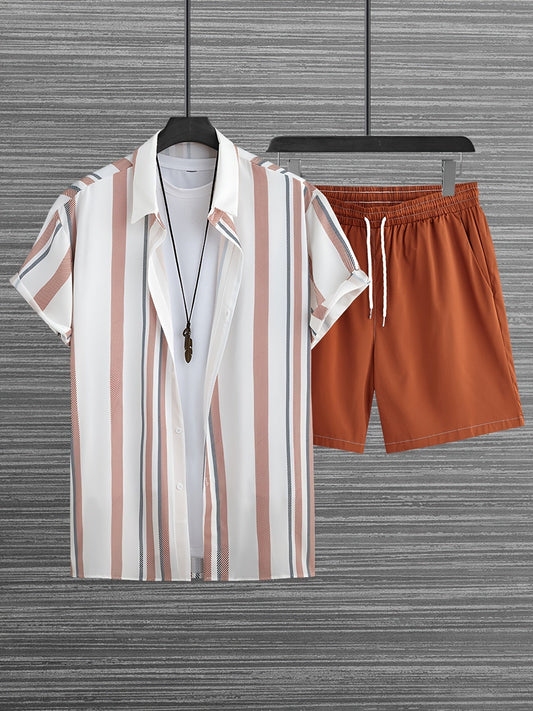 Men's casual striped set, vacation style, short-sleeve shirt and shorts
