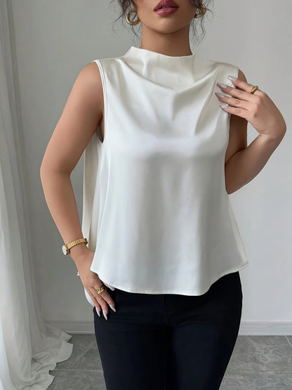 Bluzka damska bez rękawów z wysokim kołnierzem, elegancki styl do biura i na wieczór