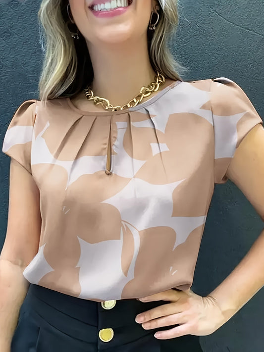 Blouse femme élégante à imprimé abstrait manches courtes style chic pour bureau et sorties