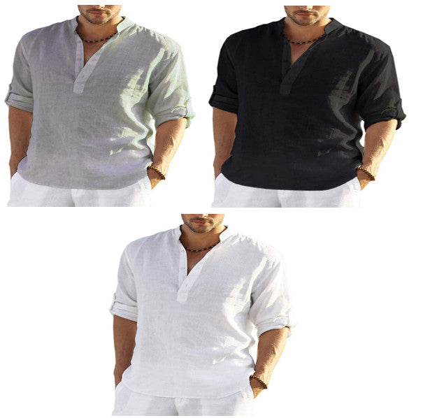 Chemise Henley en lin pour homme – Élégance décontractée, idéale bureau, loisirs et vacances