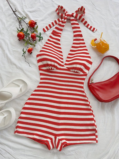 Combinaison Short Femme à Rayures Style Rétro Col Halter Été Plage