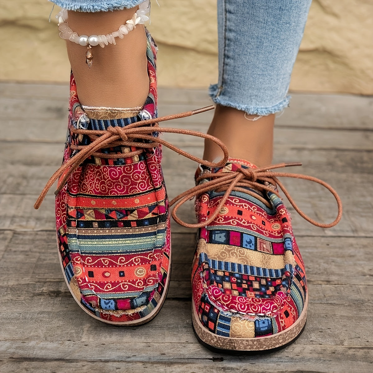 Vintage casual schoenen voor dames in mocassinstijl met etnische patronen