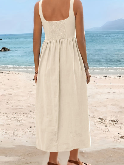 Robe Femme Midi Style Bohème Col Carré Sans Manches pour Vacances