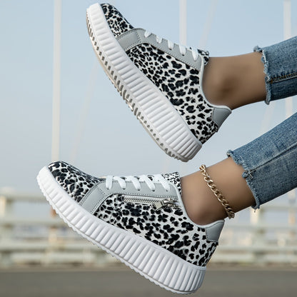 Sneakers Donna Leopardo alla Moda con Lacci, Zeppa e Cerniera - Stile Urbano Casual